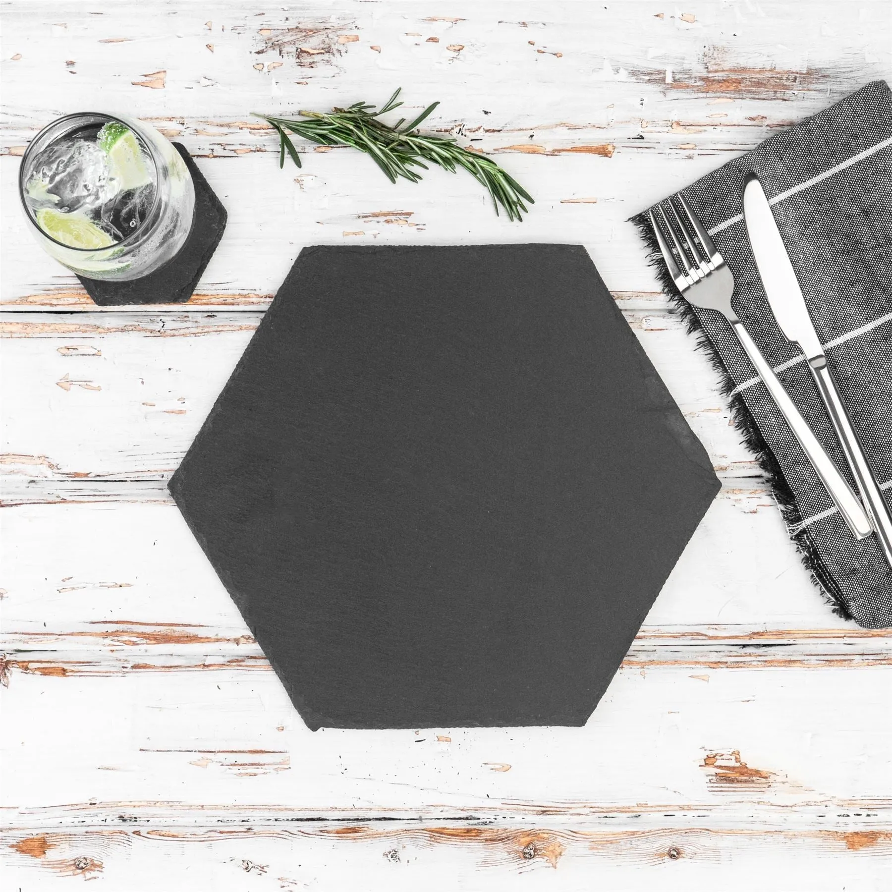 12pc Black Hexagon Slate Placemat & Coaster Sets - By Argon Tableware