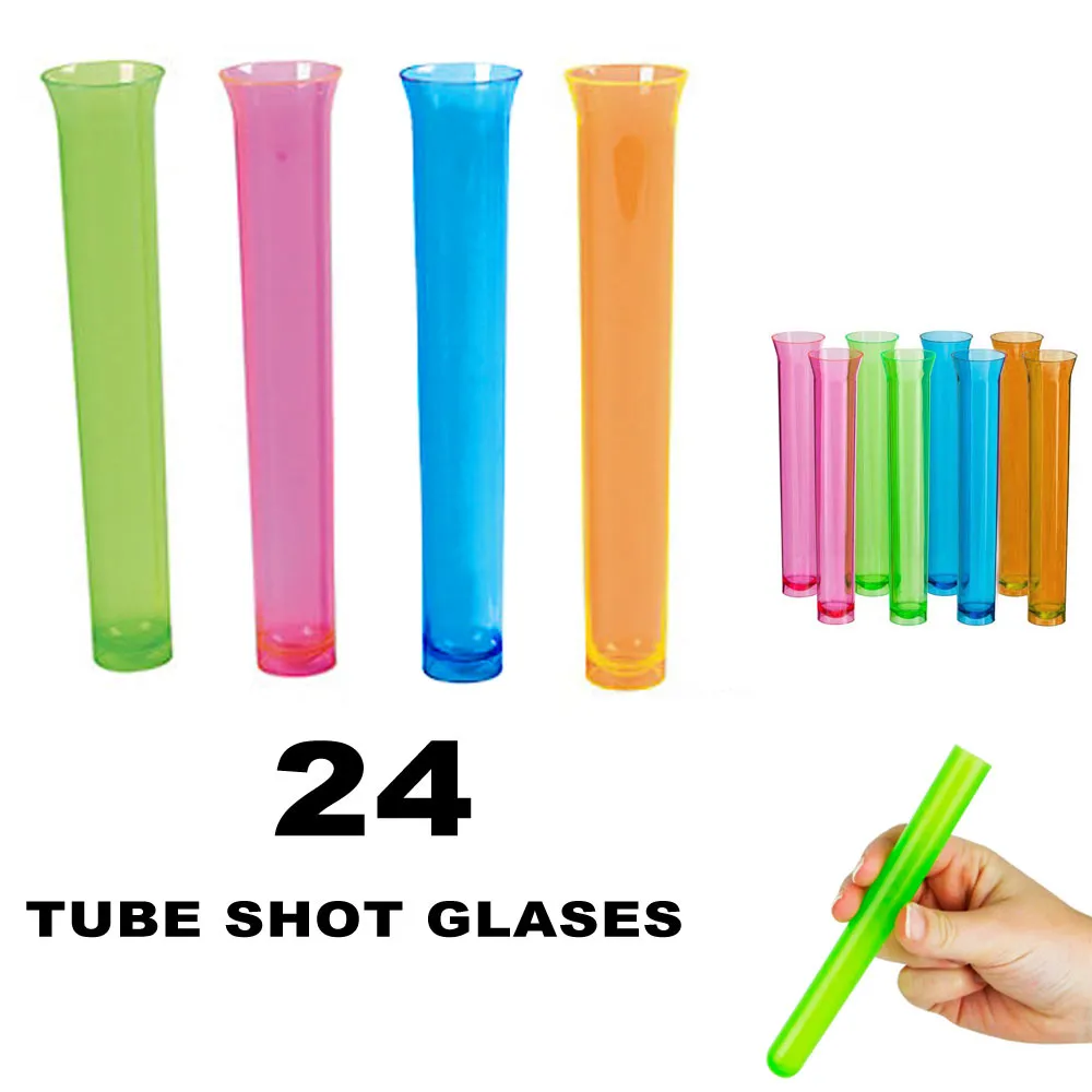 24 Party Tube Shot Glasses Test Clear Neon Plastic Shooter Bar Luau Birthday New