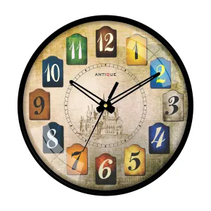 ANTIQUE Plastic Round Shape Wall Clock with Glass (Black Frame, 12.5-inch)
