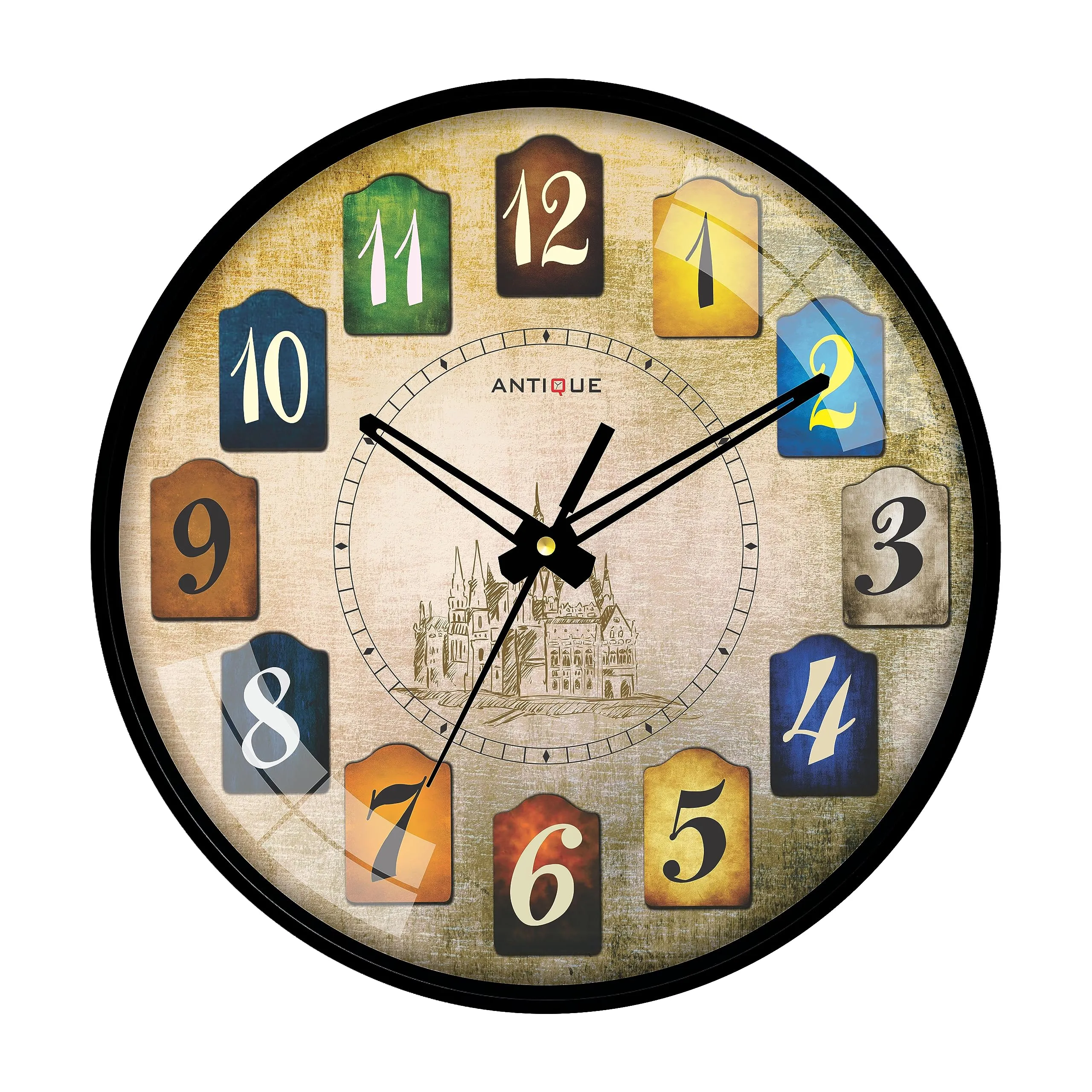 ANTIQUE Plastic Round Shape Wall Clock with Glass (Black Frame, 12.5-inch)
