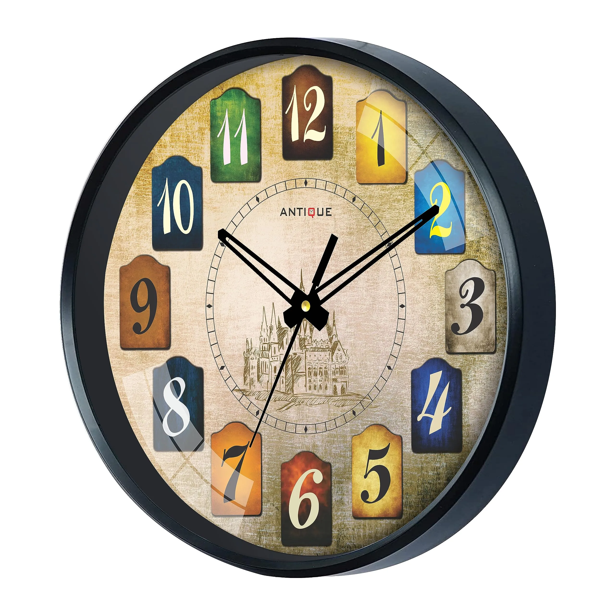 ANTIQUE Plastic Round Shape Wall Clock with Glass (Black Frame, 12.5-inch)