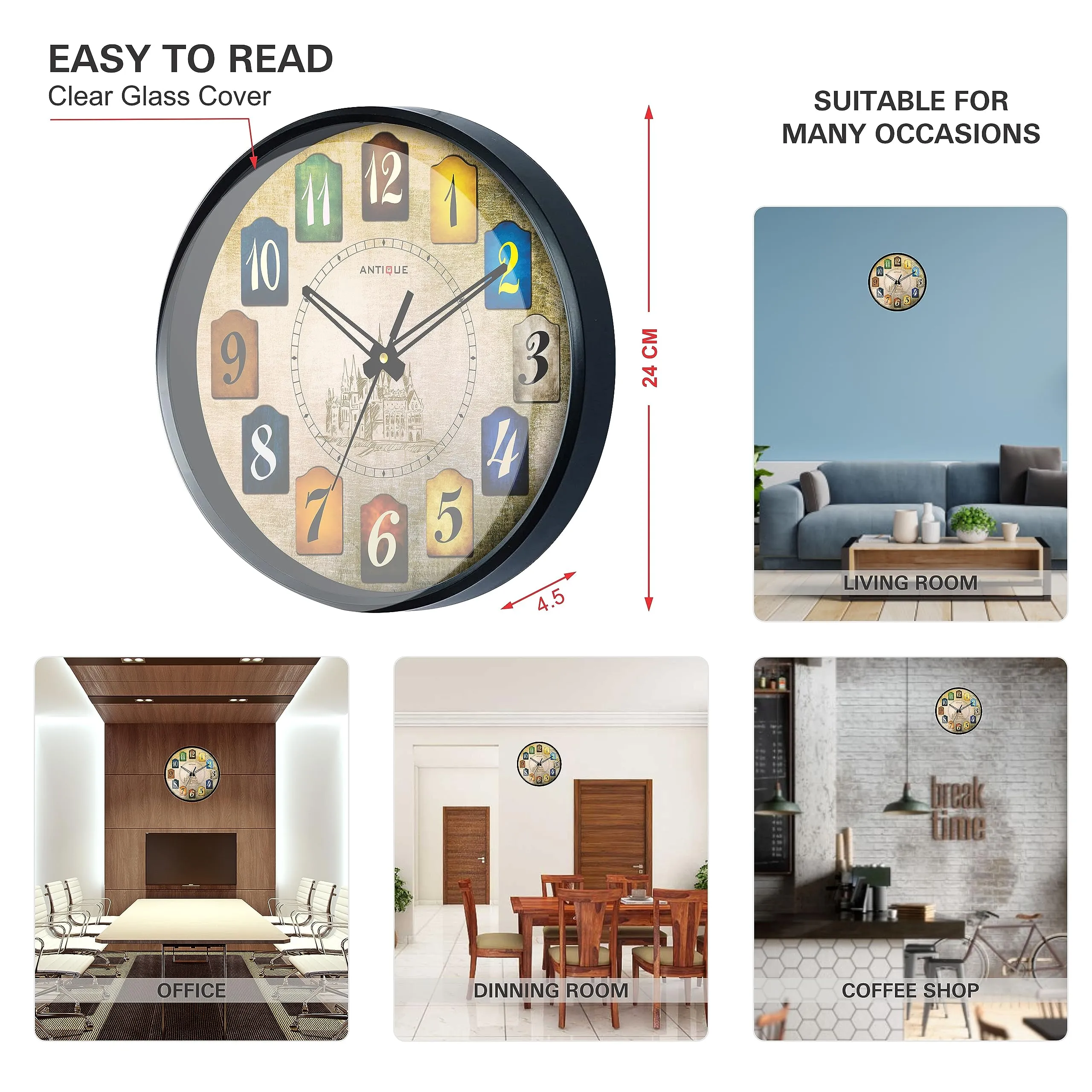 ANTIQUE Plastic Round Shape Wall Clock with Glass (Black Frame, 12.5-inch)