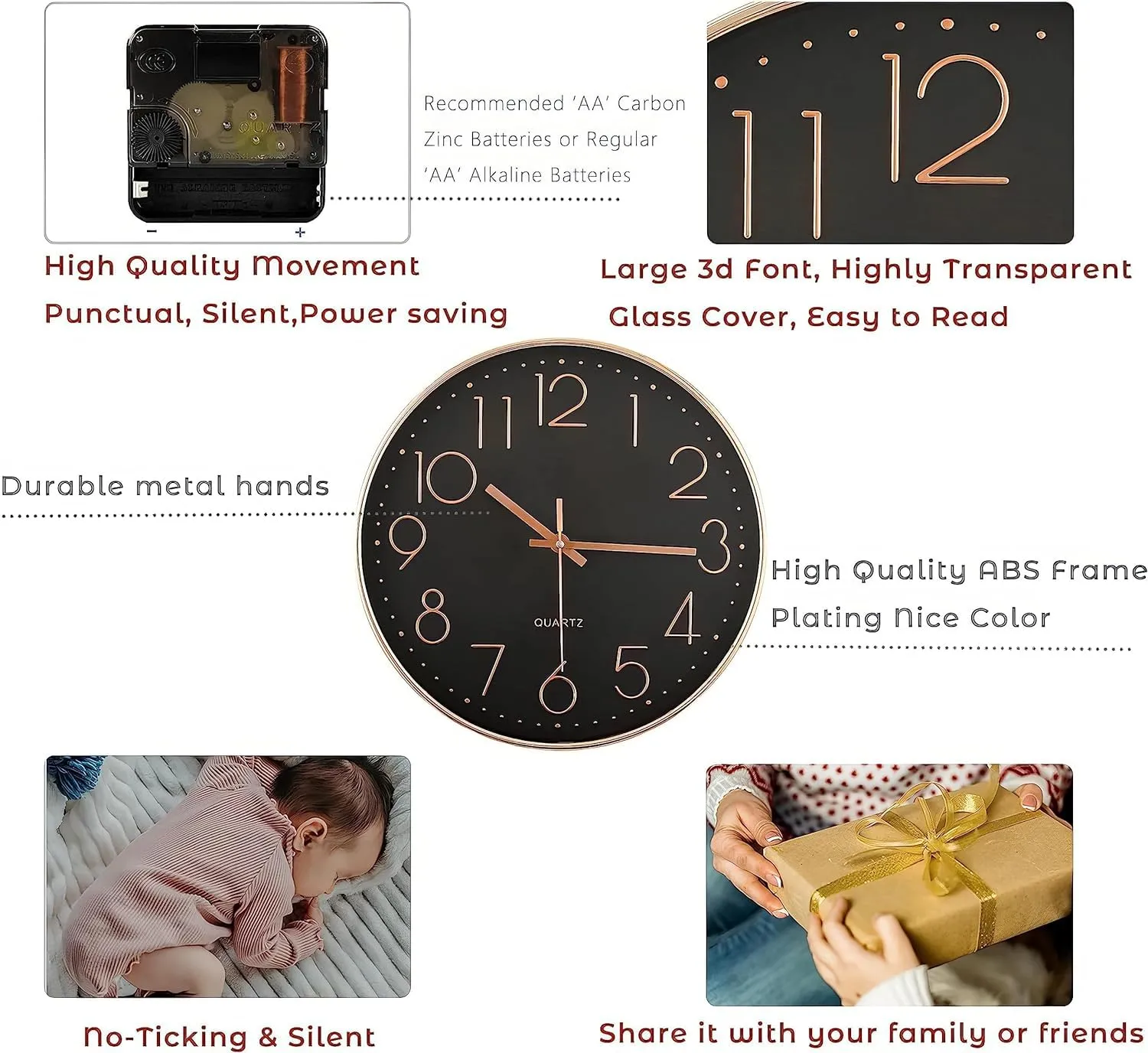 Asterin sales Wall Clock 12 Inches Non-Ticking, Silent Wall Clock for The Home A Living Room Wall Clock A Bedroom Wall Clock Modern and Chic Round Wall Clock for Home (Black & Gold)