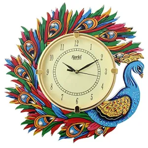 CIRCADIAN Ajanta Wooden Analog Wall Clock Design for Home Hall Living Room Decor Office Kids Bedroom Stylish Ethnic Antique Decorative Multi Colour Peacock 33 x 33 cm Pack of 1