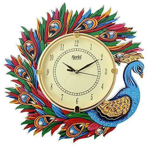 CIRCADIAN Ajanta Wooden Analog Wall Clock Design for Home Hall Living Room Decor Office Kids Bedroom Stylish Ethnic Antique Decorative Multi Colour Peacock 33 x 33 cm Pack of 1