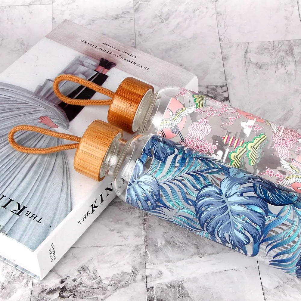 Colorful Print Glass Water Bottle with Bamboo Lid