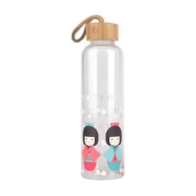 Colorful Print Glass Water Bottle with Bamboo Lid