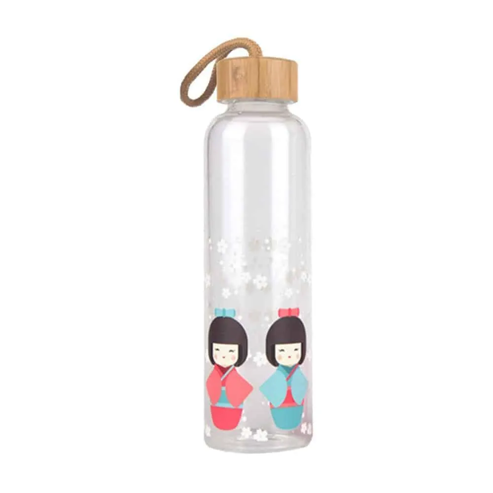 Colorful Print Glass Water Bottle with Bamboo Lid