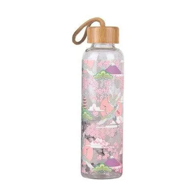 Colorful Print Glass Water Bottle with Bamboo Lid
