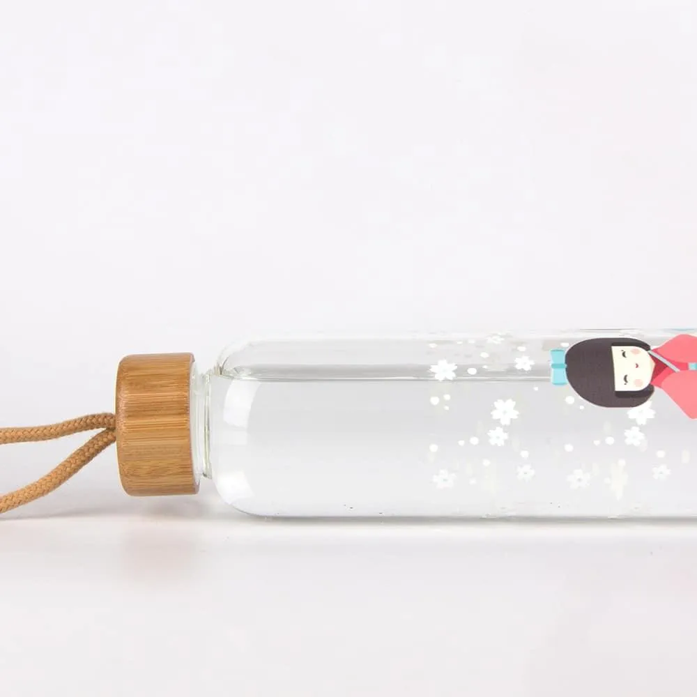 Colorful Print Glass Water Bottle with Bamboo Lid