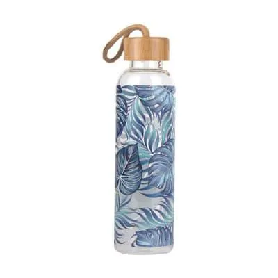 Colorful Print Glass Water Bottle with Bamboo Lid