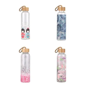 Colorful Print Glass Water Bottle with Bamboo Lid