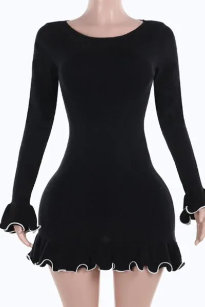 Contrast Trim Long Sleeve Mini Dress