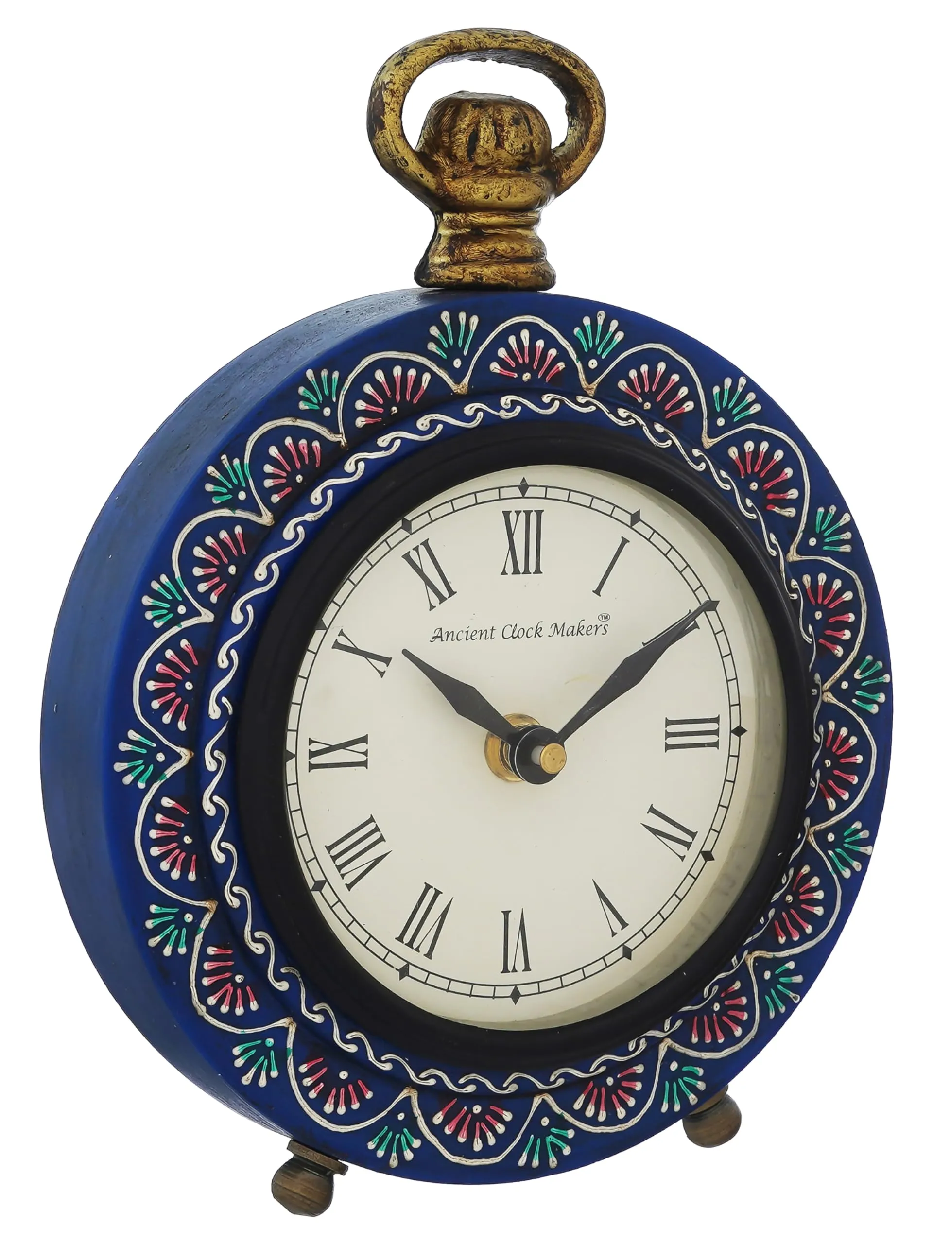 CRAFT SMITH Beautiful Hanger Style Round Wooden Case Blue Roman Numbers Table Clock Office Desk Decor Home Study Room Gifts (Size: 15.5 x 5 x 20 CM | Weight: 375 Gram)