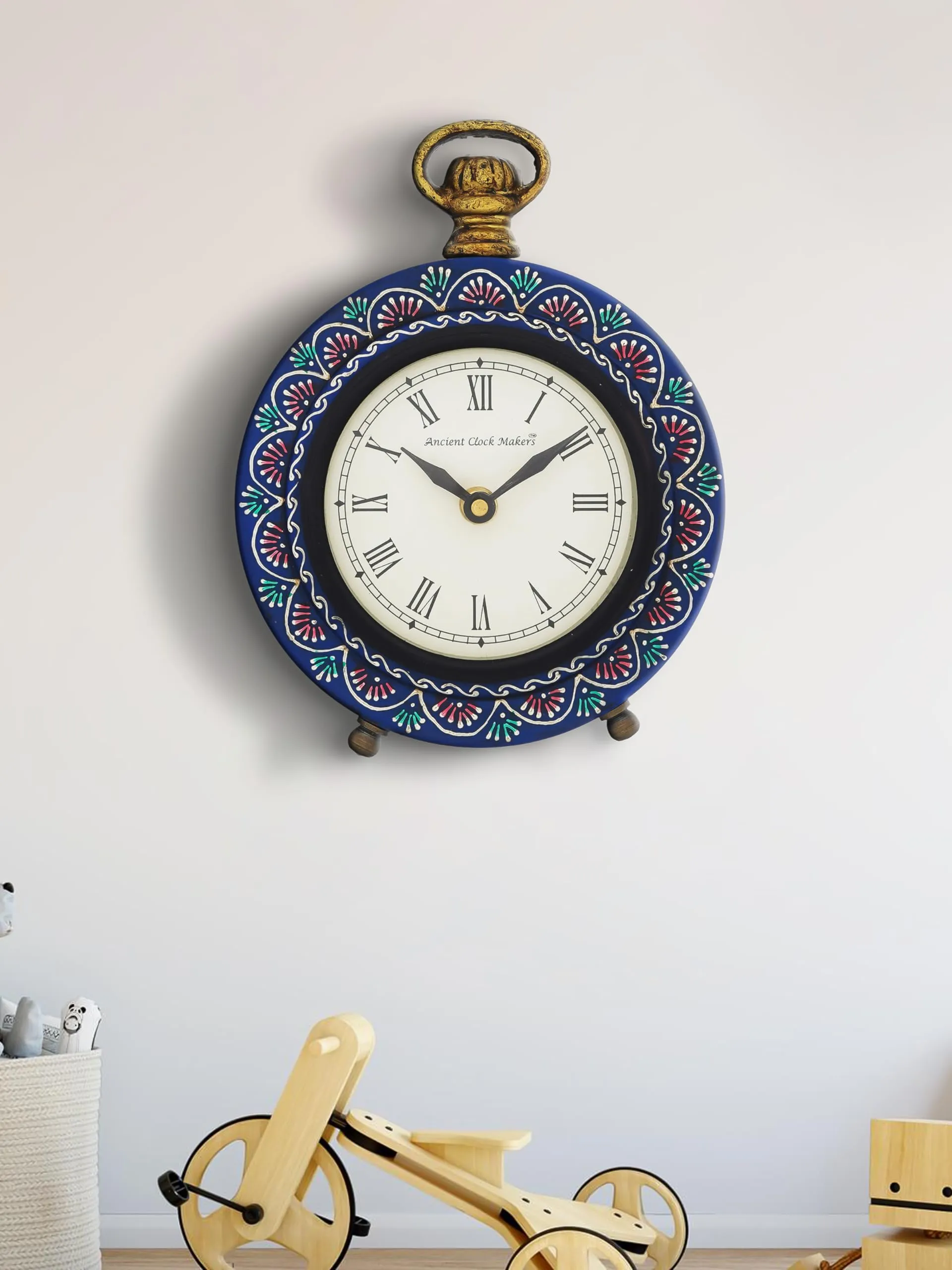 CRAFT SMITH Beautiful Hanger Style Round Wooden Case Blue Roman Numbers Table Clock Office Desk Decor Home Study Room Gifts (Size: 15.5 x 5 x 20 CM | Weight: 375 Gram)