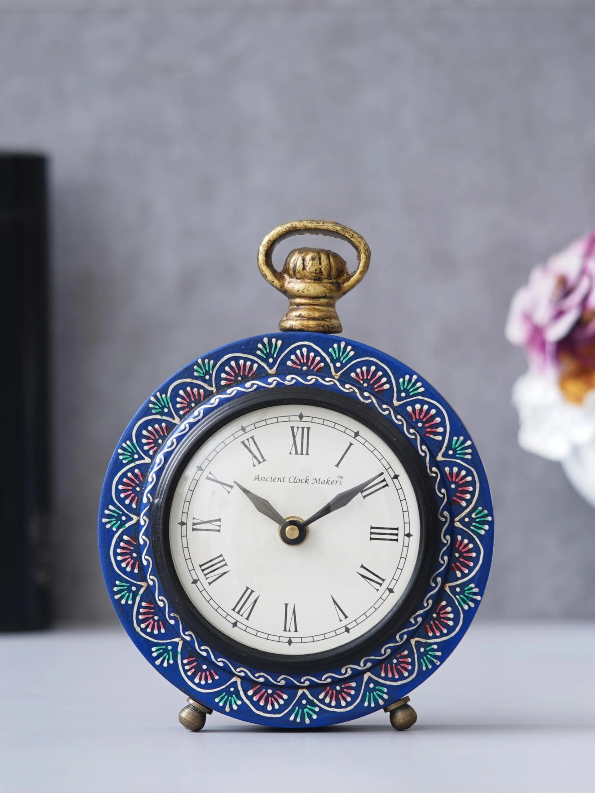 CRAFT SMITH Beautiful Hanger Style Round Wooden Case Blue Roman Numbers Table Clock Office Desk Decor Home Study Room Gifts (Size: 15.5 x 5 x 20 CM | Weight: 375 Gram)