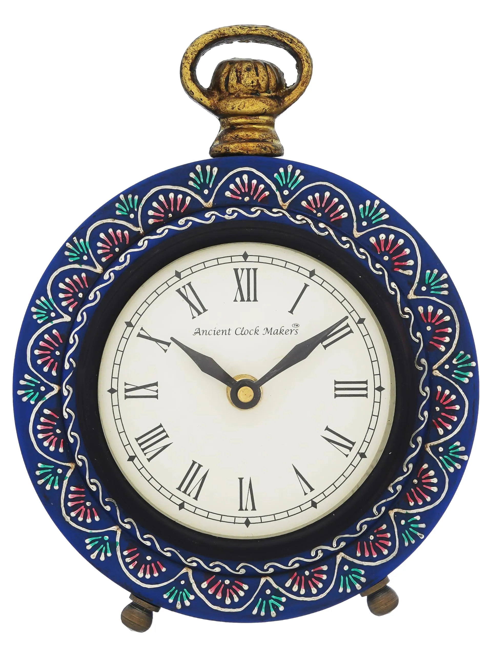 CRAFT SMITH Beautiful Hanger Style Round Wooden Case Blue Roman Numbers Table Clock Office Desk Decor Home Study Room Gifts (Size: 15.5 x 5 x 20 CM | Weight: 375 Gram)