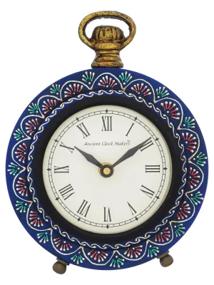 CRAFT SMITH Beautiful Hanger Style Round Wooden Case Blue Roman Numbers Table Clock Office Desk Decor Home Study Room Gifts (Size: 15.5 x 5 x 20 CM | Weight: 375 Gram)