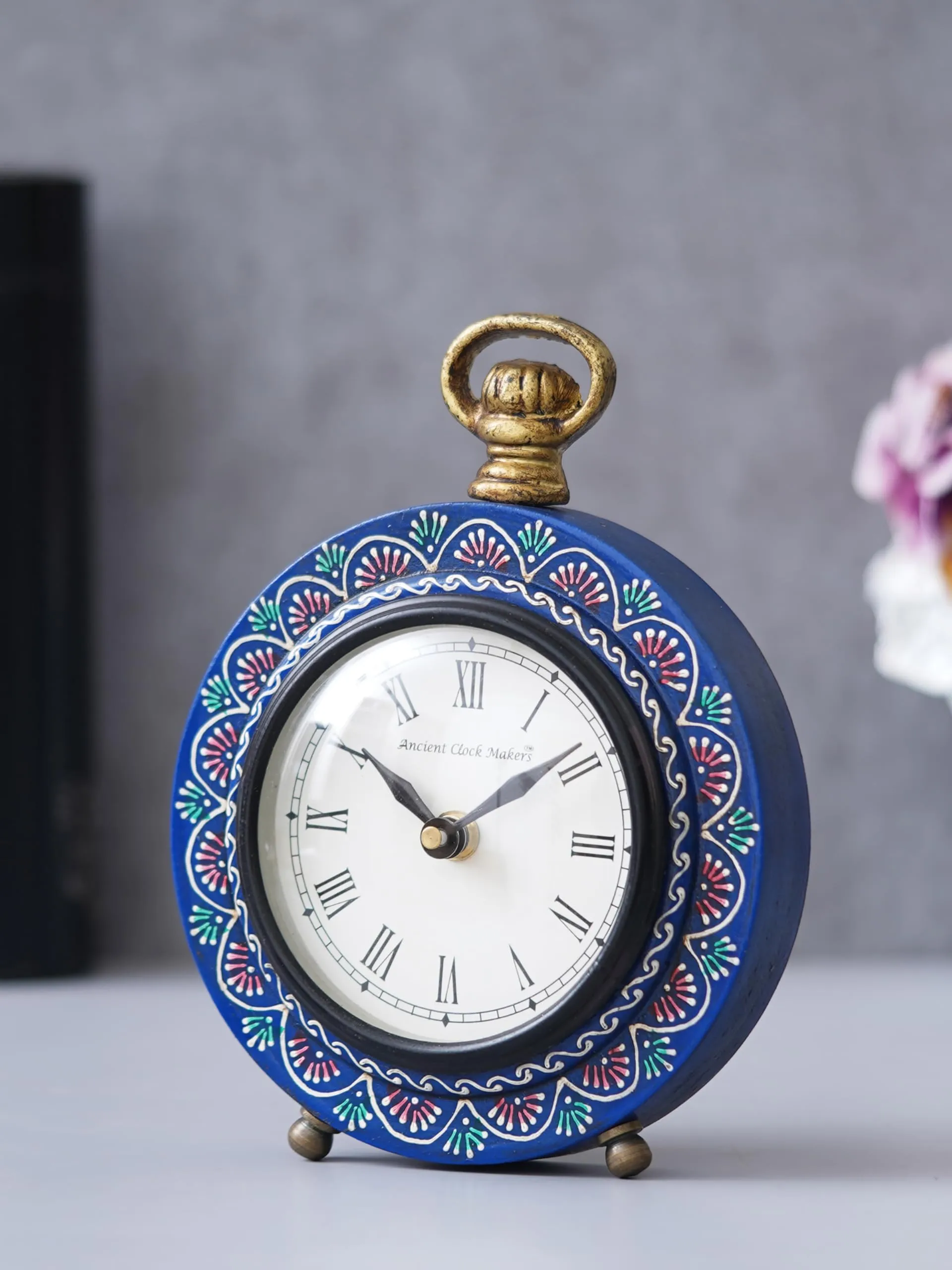 CRAFT SMITH Beautiful Hanger Style Round Wooden Case Blue Roman Numbers Table Clock Office Desk Decor Home Study Room Gifts (Size: 15.5 x 5 x 20 CM | Weight: 375 Gram)