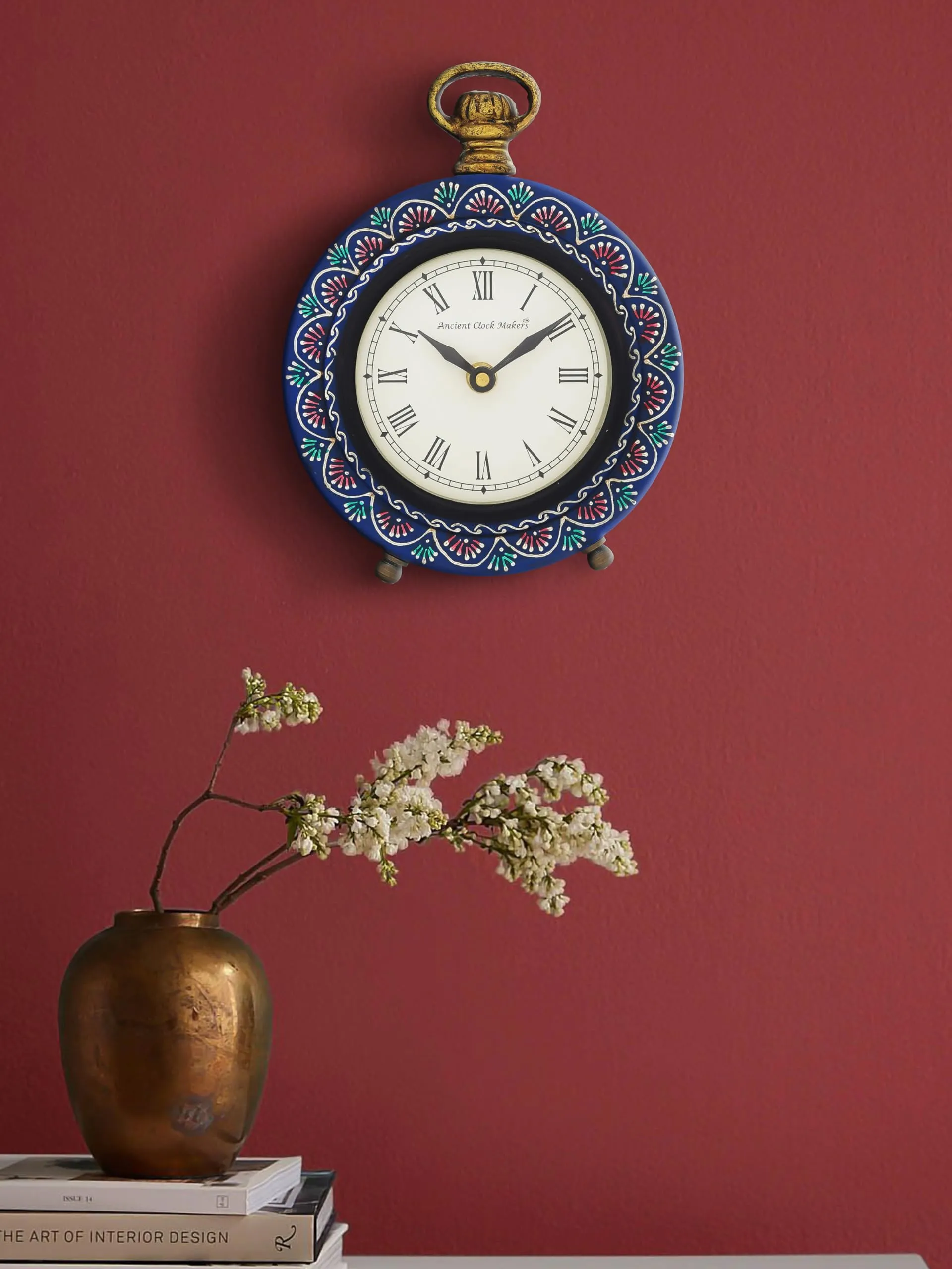 CRAFT SMITH Beautiful Hanger Style Round Wooden Case Blue Roman Numbers Table Clock Office Desk Decor Home Study Room Gifts (Size: 15.5 x 5 x 20 CM | Weight: 375 Gram)