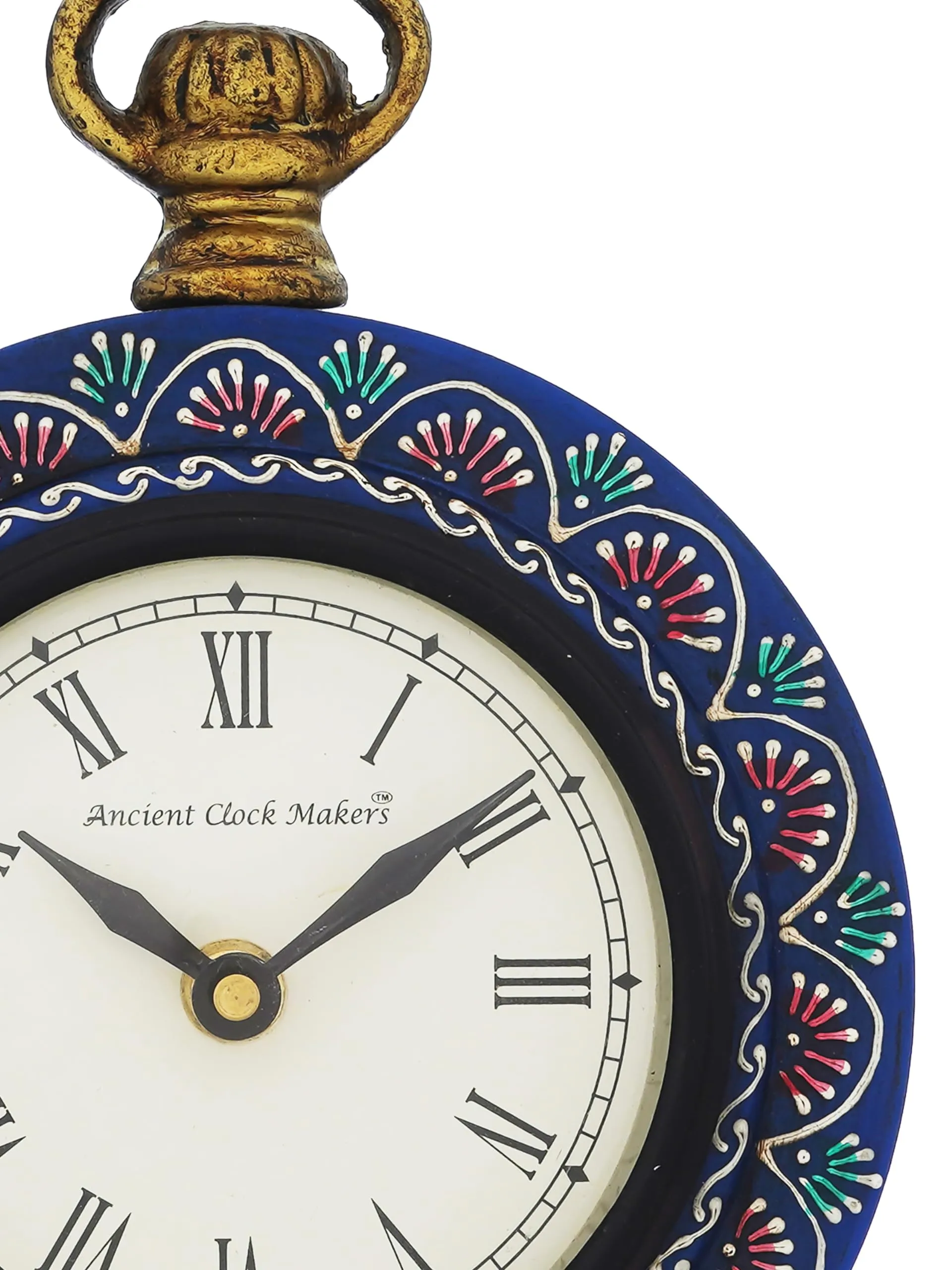 CRAFT SMITH Beautiful Hanger Style Round Wooden Case Blue Roman Numbers Table Clock Office Desk Decor Home Study Room Gifts (Size: 15.5 x 5 x 20 CM | Weight: 375 Gram)