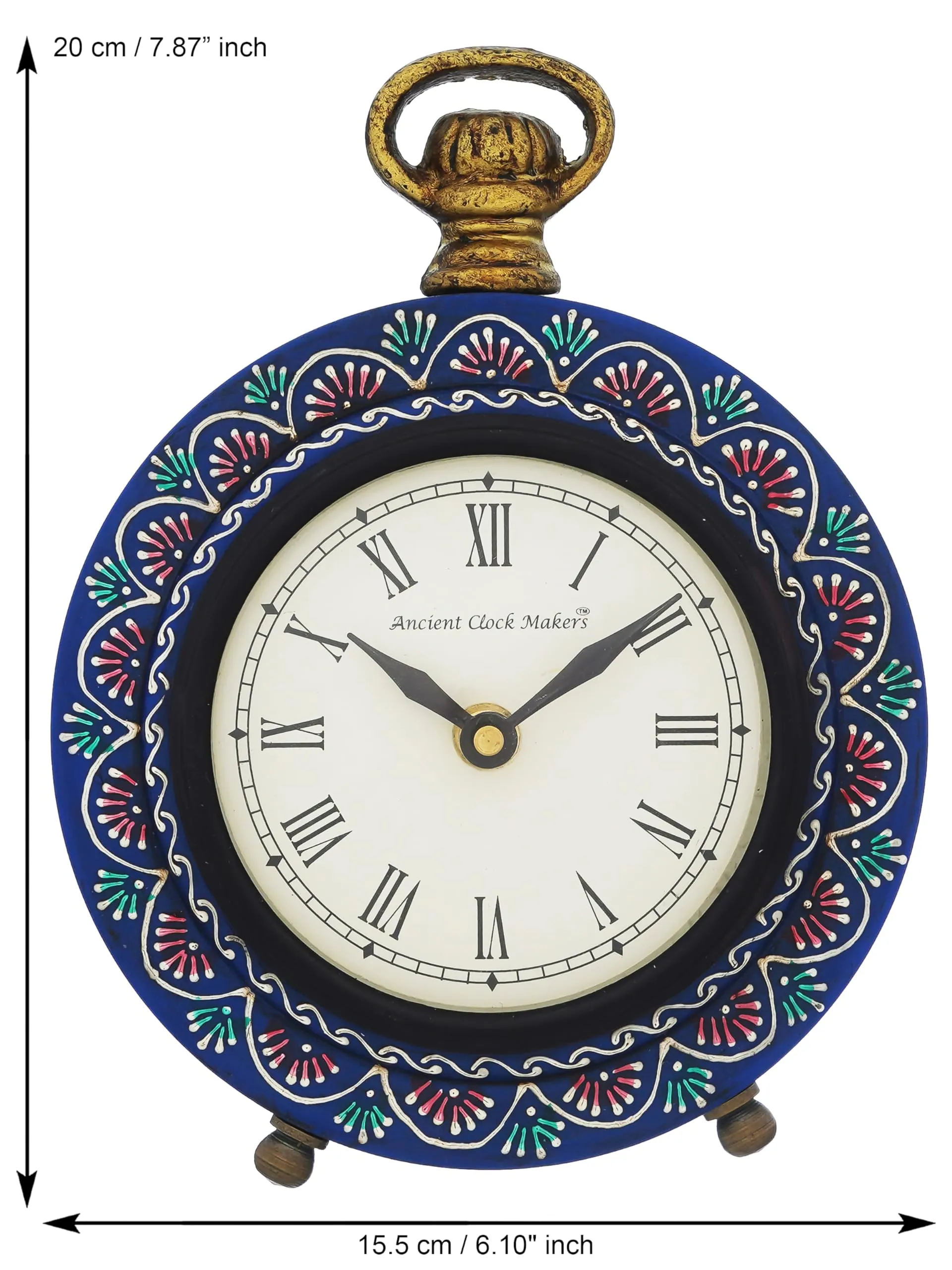 CRAFT SMITH Beautiful Hanger Style Round Wooden Case Blue Roman Numbers Table Clock Office Desk Decor Home Study Room Gifts (Size: 15.5 x 5 x 20 CM | Weight: 375 Gram)