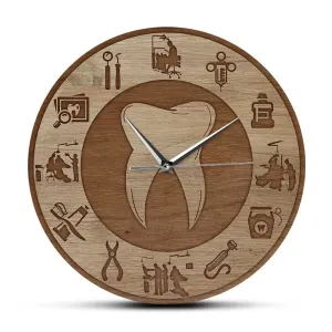 Dental Design Wood Texture Acrylic Print Wall Clock Silent Move Wall Watch