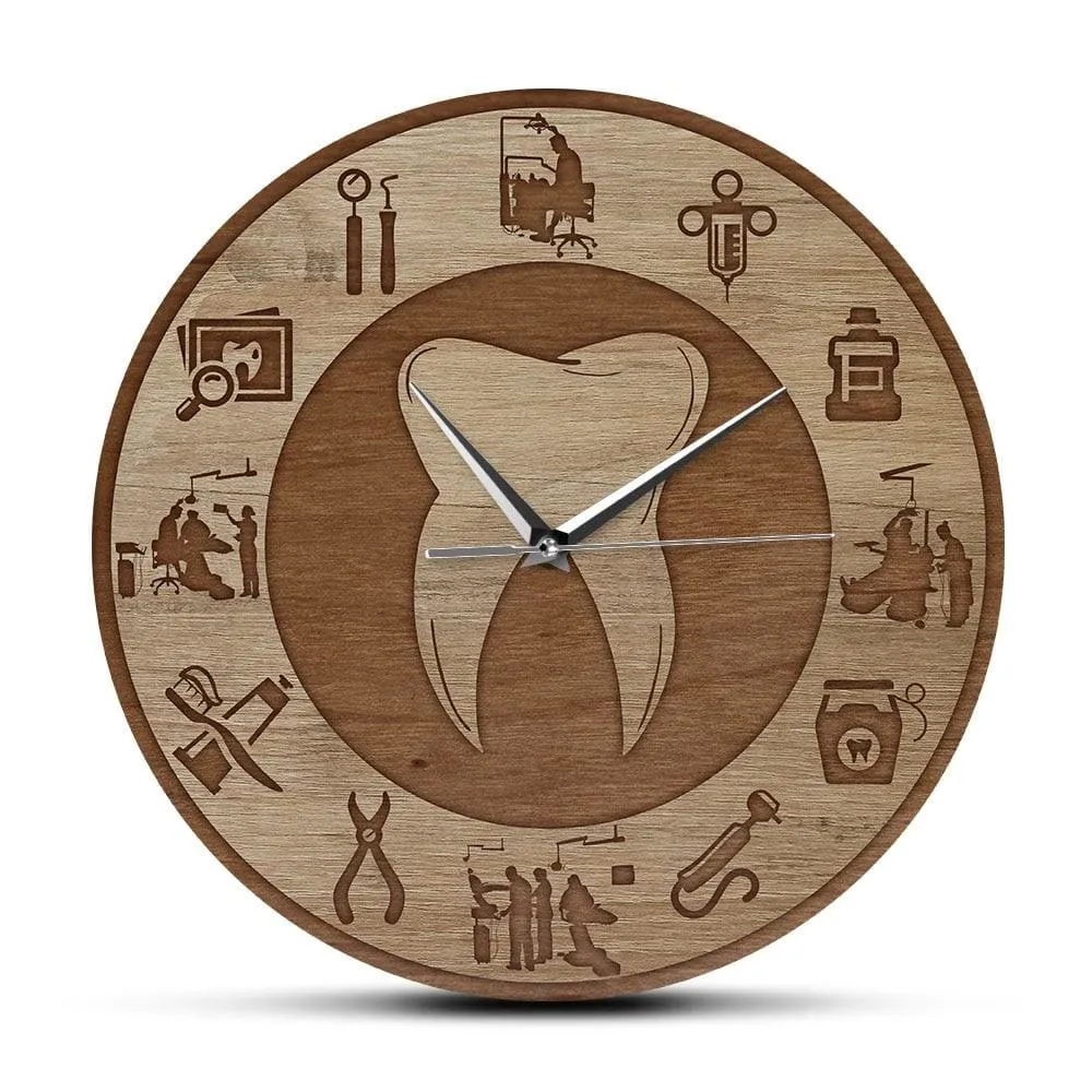 Dental Design Wood Texture Acrylic Print Wall Clock Silent Move Wall Watch