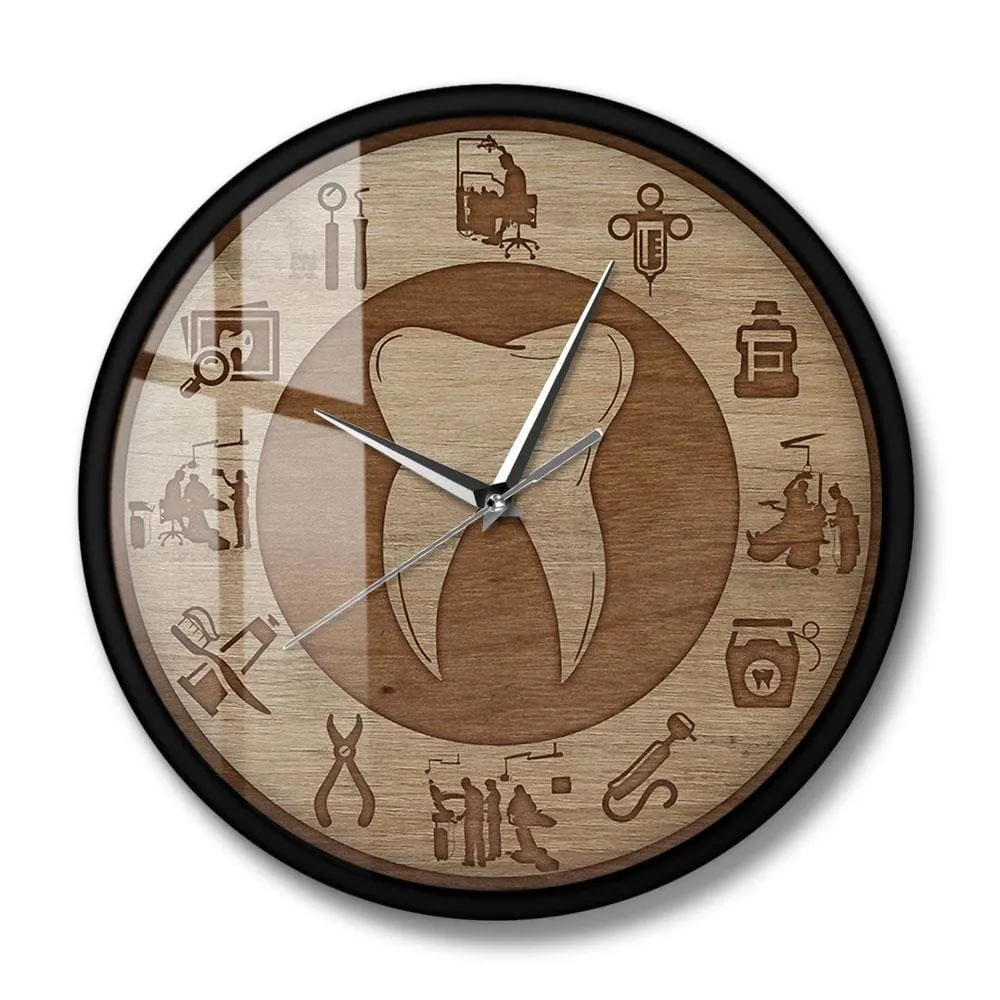 Dental Design Wood Texture Acrylic Print Wall Clock Silent Move Wall Watch