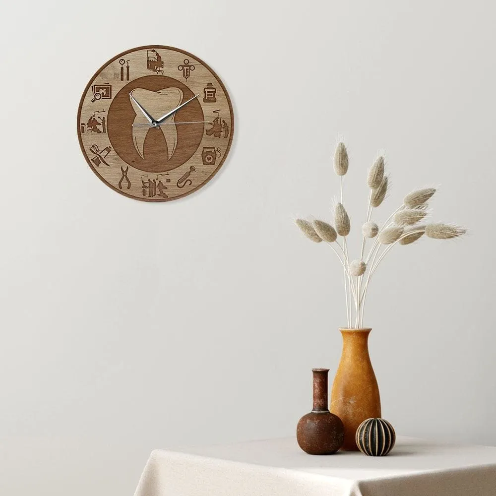 Dental Design Wood Texture Acrylic Print Wall Clock Silent Move Wall Watch