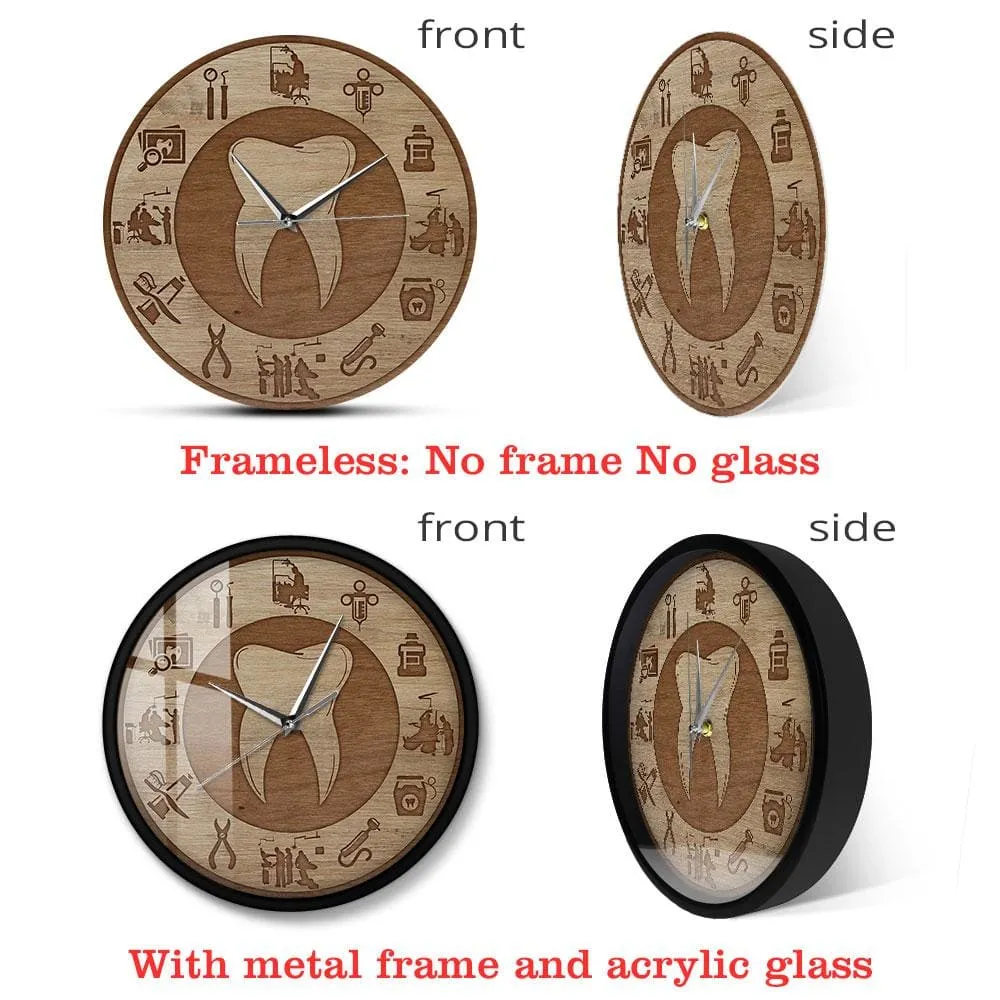 Dental Design Wood Texture Acrylic Print Wall Clock Silent Move Wall Watch