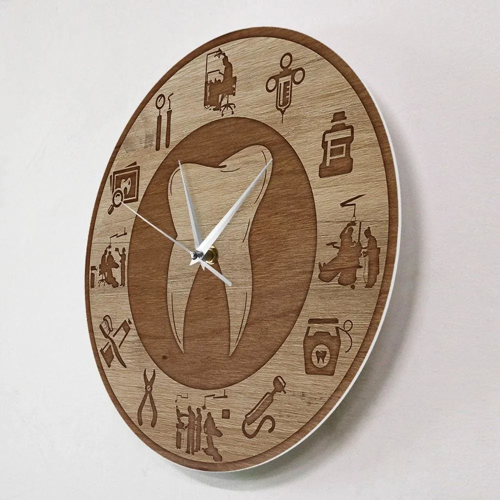 Dental Design Wood Texture Acrylic Print Wall Clock Silent Move Wall Watch