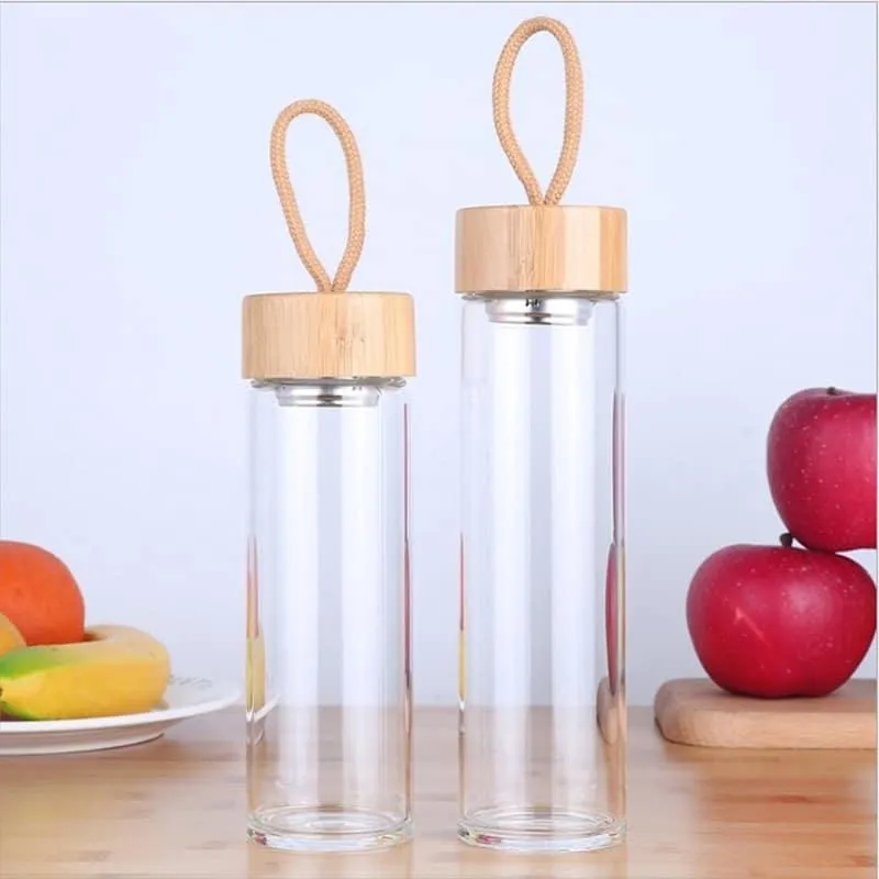 Glass Water Bottle with Bamboo Lid and String