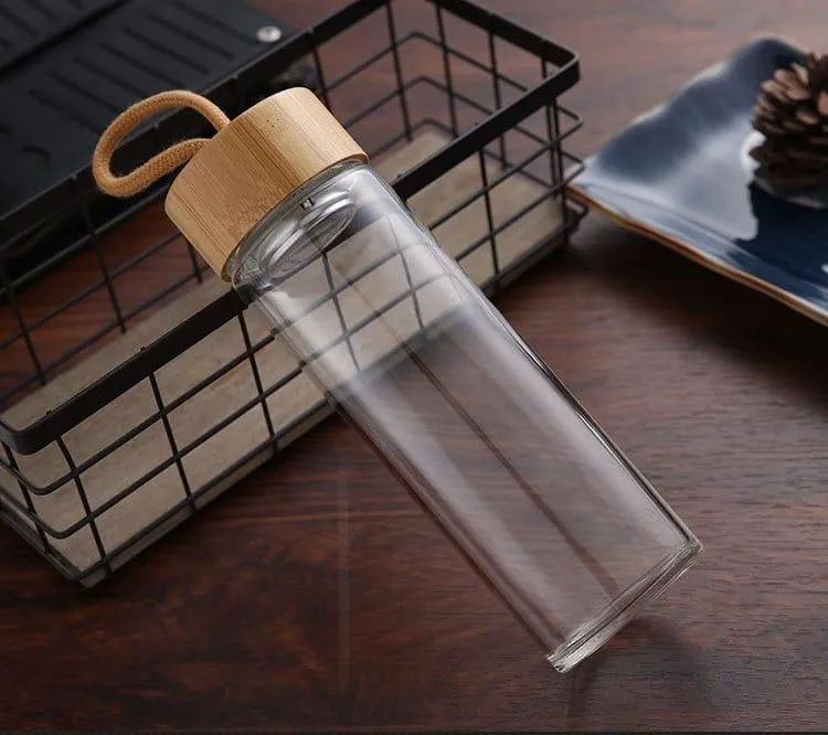 Glass Water Bottle with Bamboo Lid and String