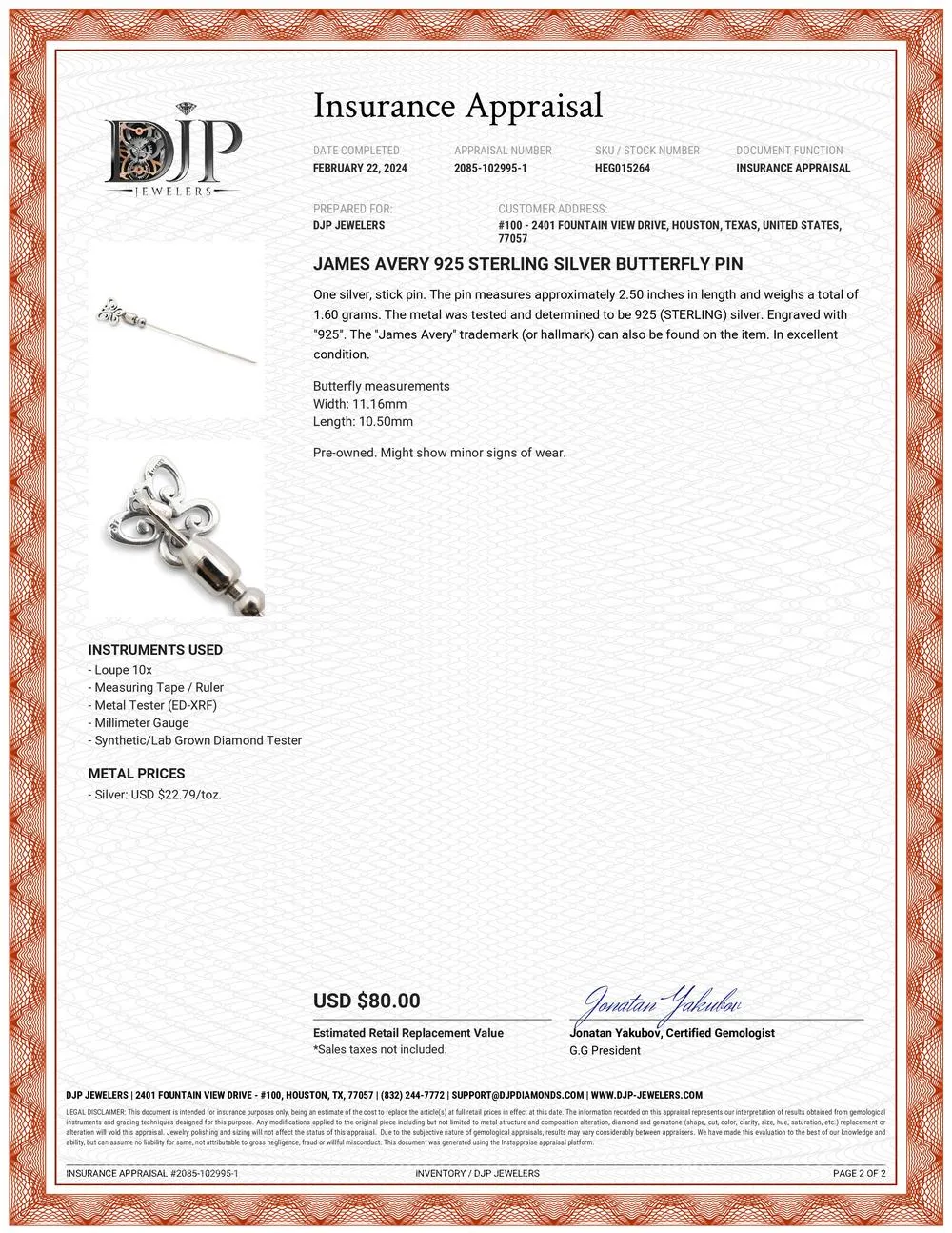James Avery 925 Sterling Silver Butterfly Pin