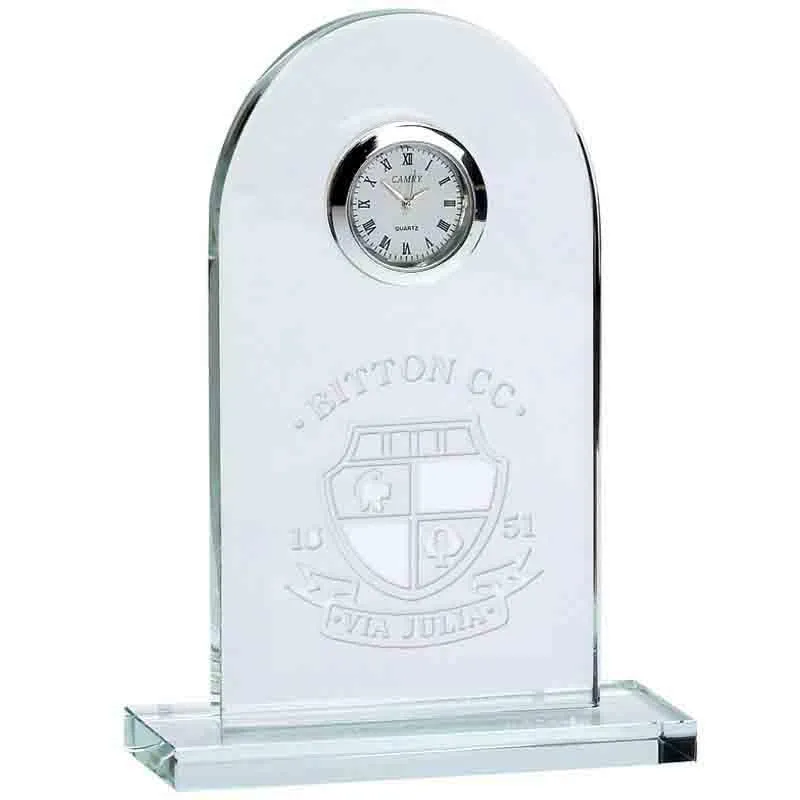 KM037B - Traverse Glass Engraved Crystal Presentation Clock (14cm)
