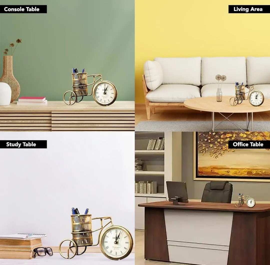 Metal The Handicraft Store Antique Cycle Clock With Pen Stand Table Clock For Home & Office Desk, Bedroom, Tabletop. Size- 11X6 Inches, Analog