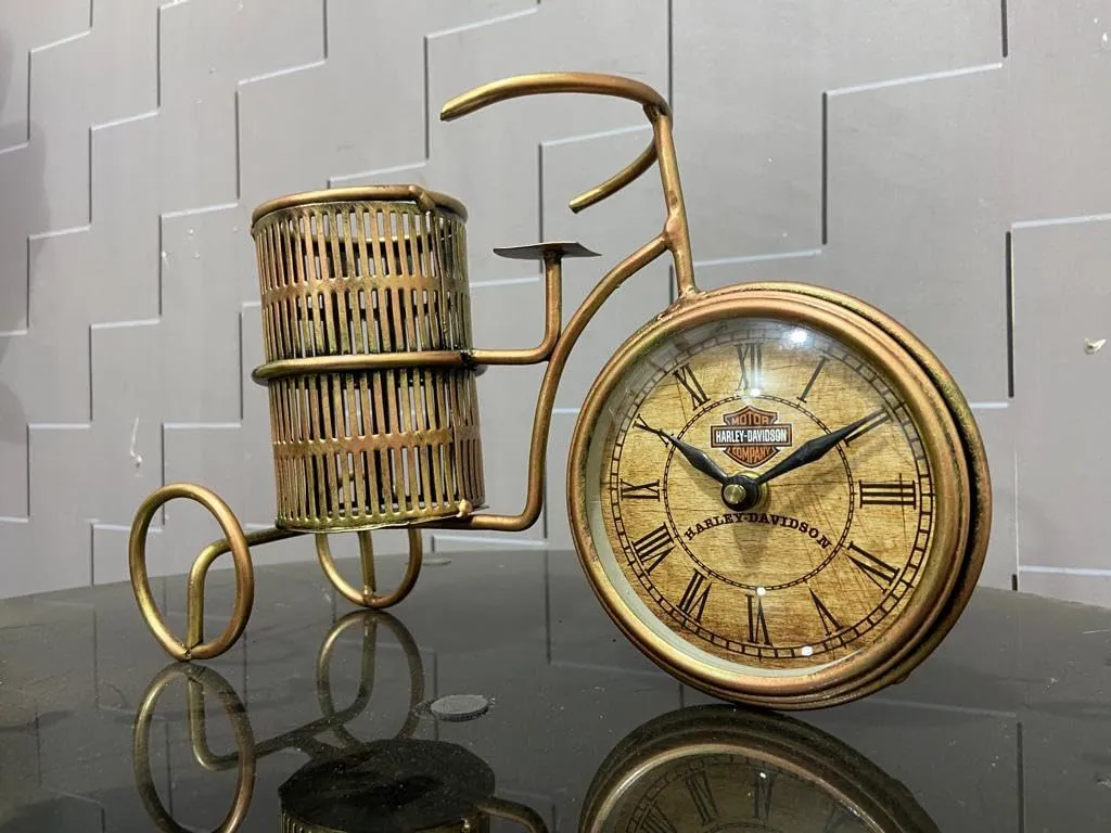 Metal The Handicraft Store Antique Cycle Clock With Pen Stand Table Clock For Home & Office Desk, Bedroom, Tabletop. Size- 11X6 Inches, Analog