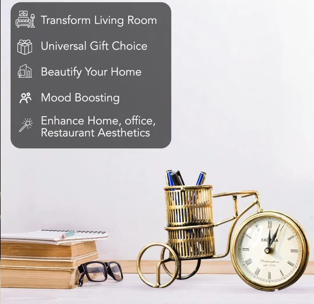 Metal The Handicraft Store Antique Cycle Clock With Pen Stand Table Clock For Home & Office Desk, Bedroom, Tabletop. Size- 11X6 Inches, Analog