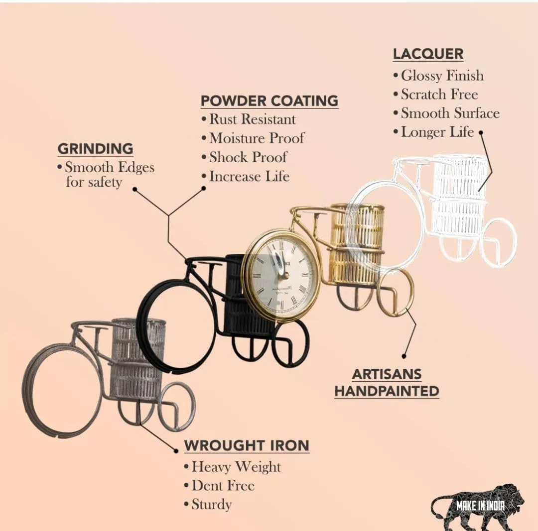 Metal The Handicraft Store Antique Cycle Clock With Pen Stand Table Clock For Home & Office Desk, Bedroom, Tabletop. Size- 11X6 Inches, Analog