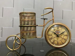 Metal The Handicraft Store Antique Cycle Clock With Pen Stand Table Clock For Home & Office Desk, Bedroom, Tabletop. Size- 11X6 Inches, Analog