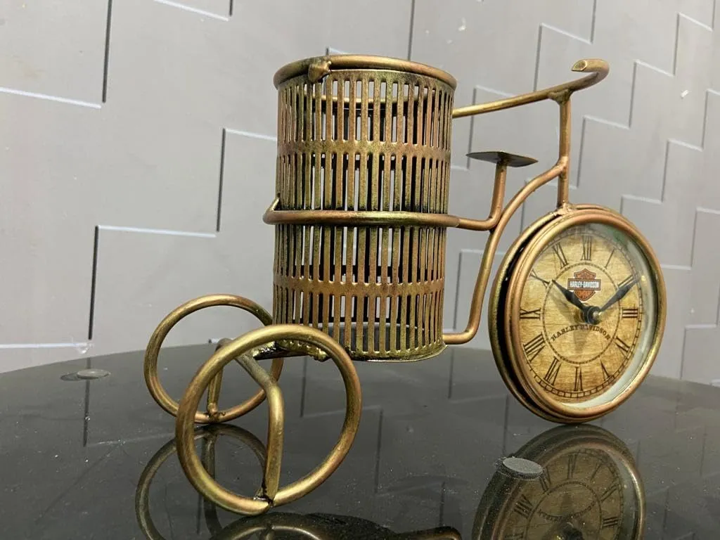 Metal The Handicraft Store Antique Cycle Clock With Pen Stand Table Clock For Home & Office Desk, Bedroom, Tabletop. Size- 11X6 Inches, Analog