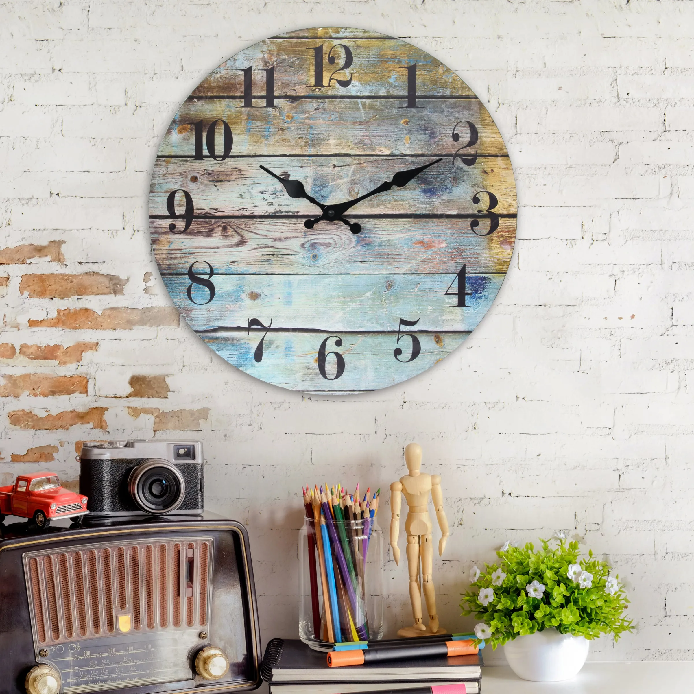 Multicolored Round Rustic Wall Clock - 14 Inch (WS)