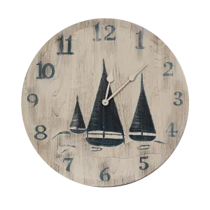 Navy Blue and White Wood Clock with Etched Sailboat Scene (24")