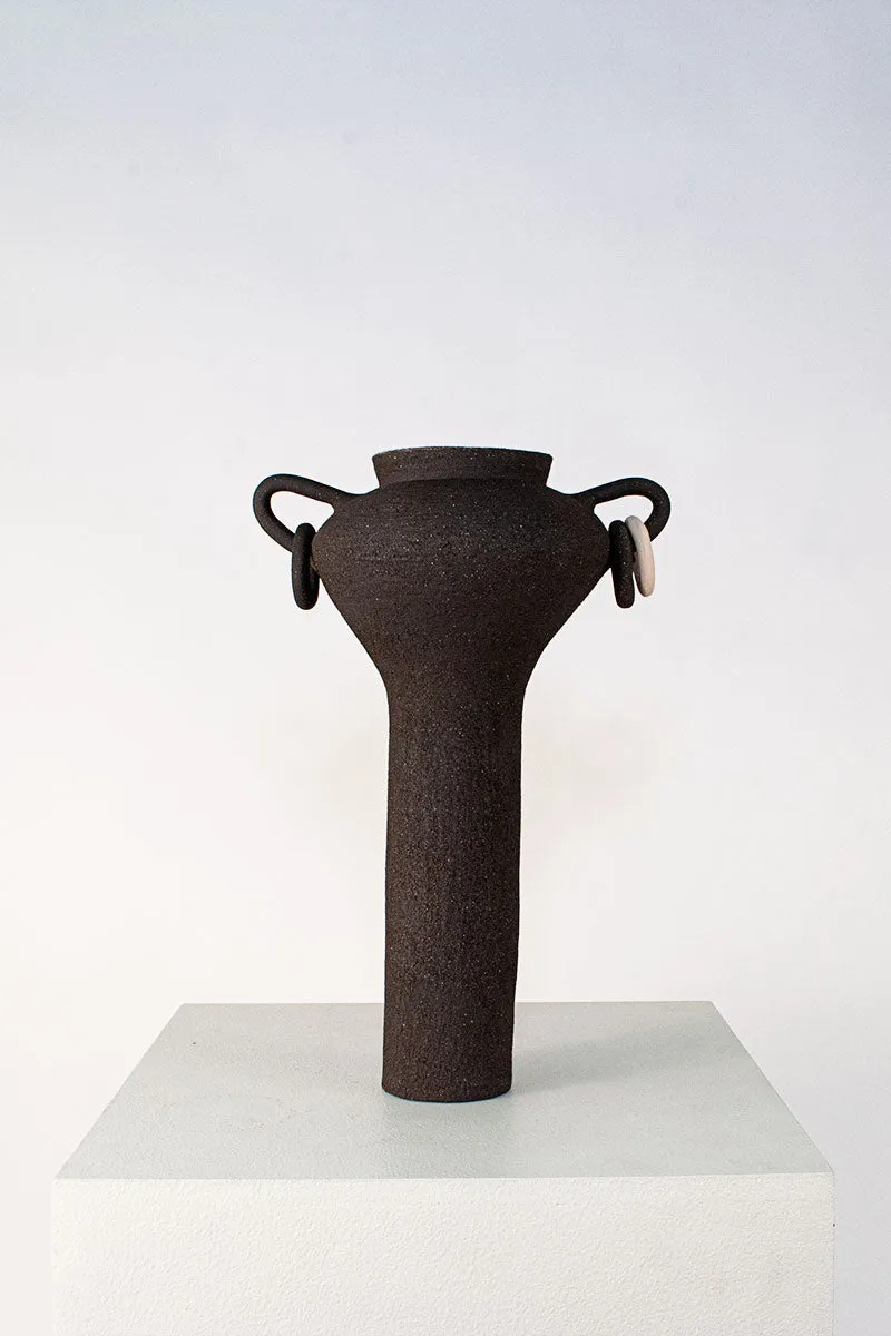 Pedestal Vase with Handles and Rings - Black