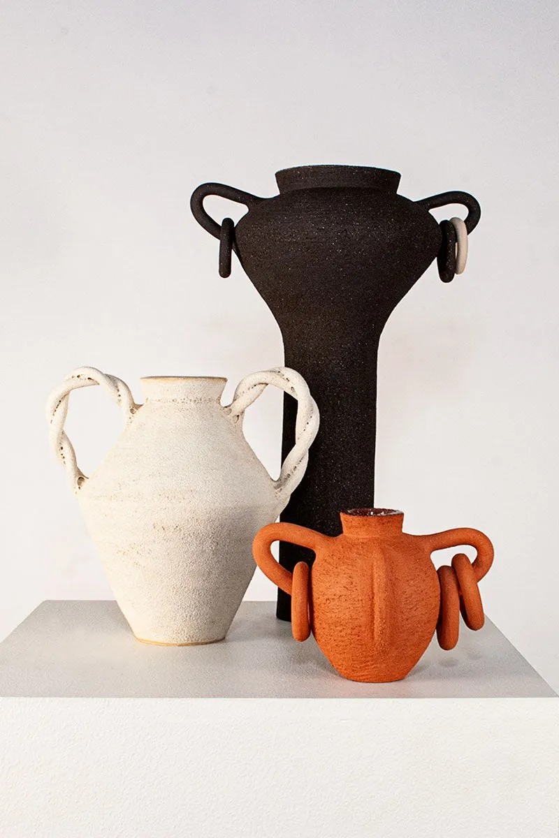 Pedestal Vase with Handles and Rings - Black