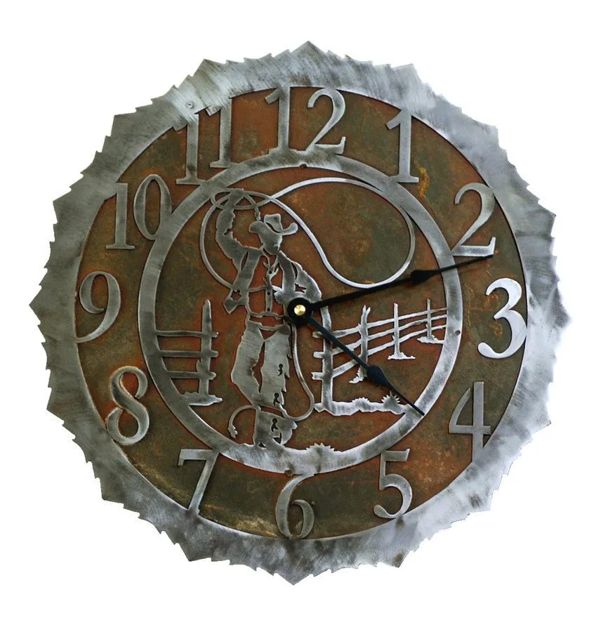 Roping Cowboy Handcrafted Rustic Metal Wall Clock - 12"