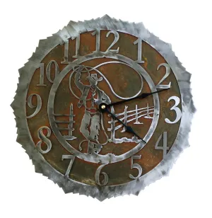 Roping Cowboy Handcrafted Rustic Metal Wall Clock - 12"