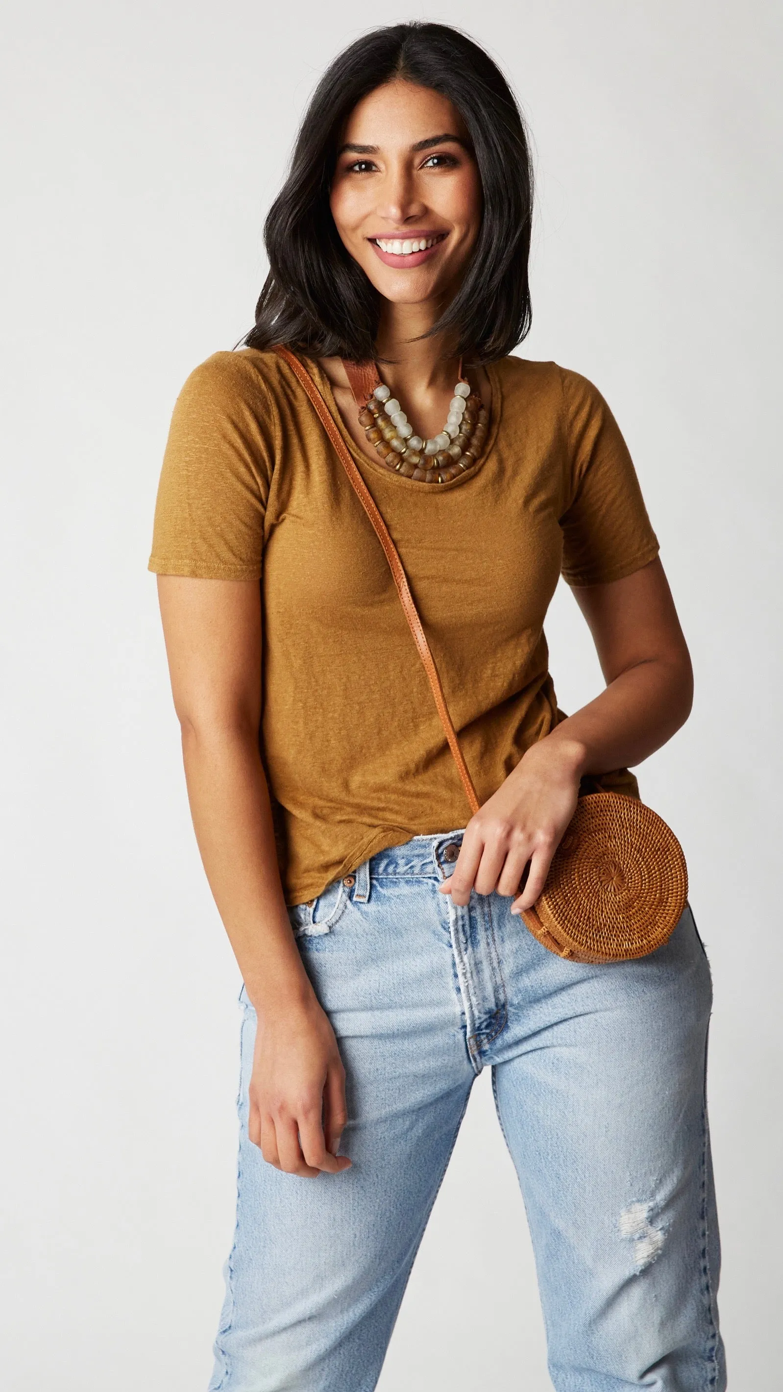 Stephanie Leigh Three Strand Leather, Krobo and Brass Bead Necklace