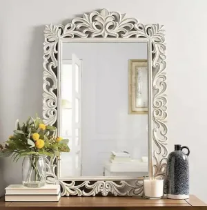 TOUCH WOOD HANDICRAFT Wall Hanging Wooden Mirror Frame for Home Decor, Hand Cuved Wooden Mirror Frame, Antique Look Frame, Antiqie White Color, 36x24 Inch Without Mirror
